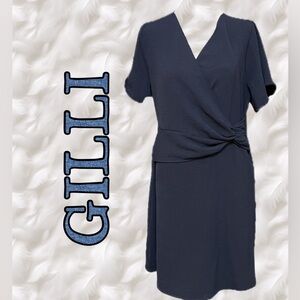 GILLI NAVY DRESS SIZE L.  BUST 19” WAIST 14” LENGTH 34”.